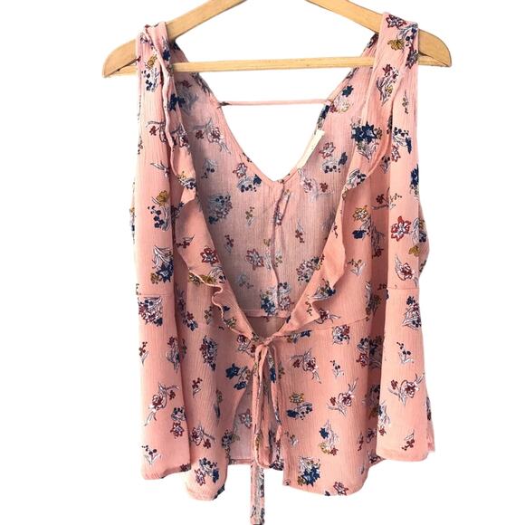 Elodie peach, sleeveless, open front top with ties floral ruffles gauzy Size L - Picture 1 of 2